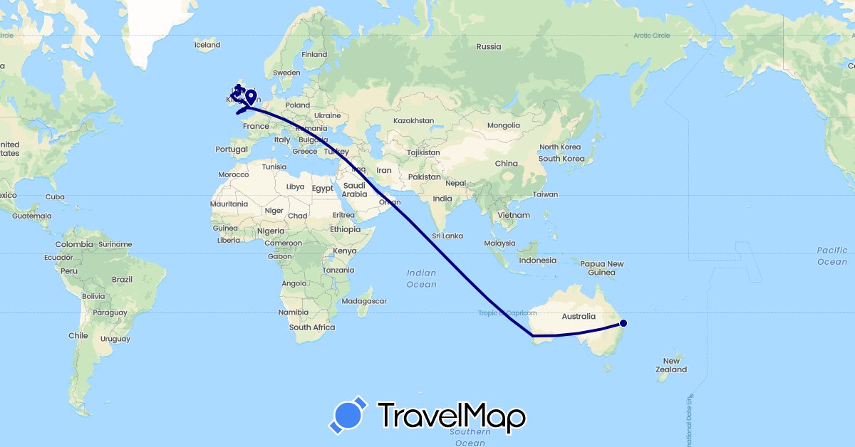 TravelMap itinerary: driving in Australia, United Kingdom, Ireland, Qatar (Asia, Europe, Oceania)